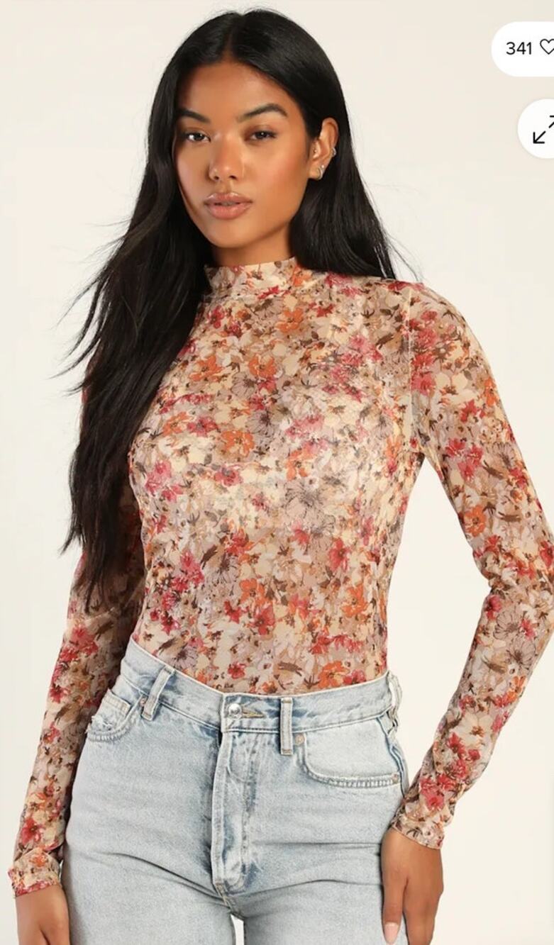 Sage The Label Sheer Mesh Floral Long Sleeve High Neck Top, Women's S